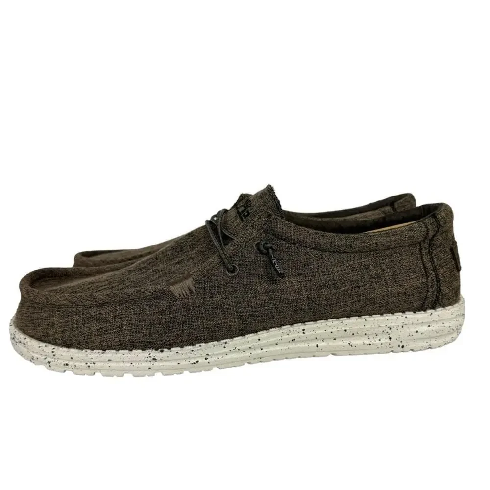 New Hey Dude Men's 14 Wally Eco Linen Loafers Slip On Shoes Dark Brown Natural